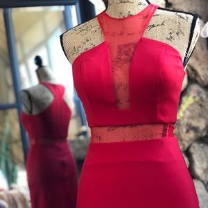 Red cutout mesh body con dress